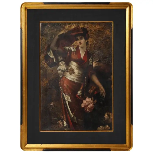 French Japonisme Hand-Painted Oil-on-canvas of a Geisha with a Fan