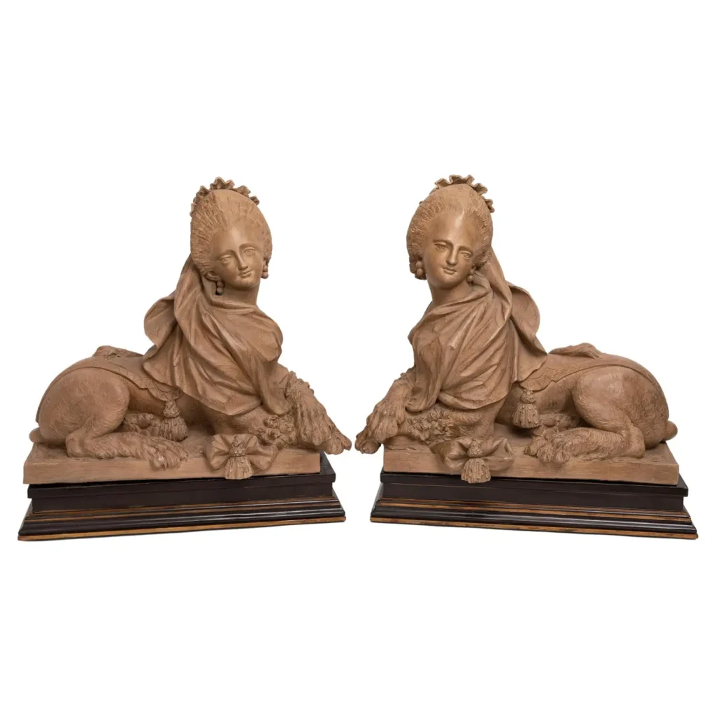 Massive pair of French Terracotta sculptures of Royal Sphinxes