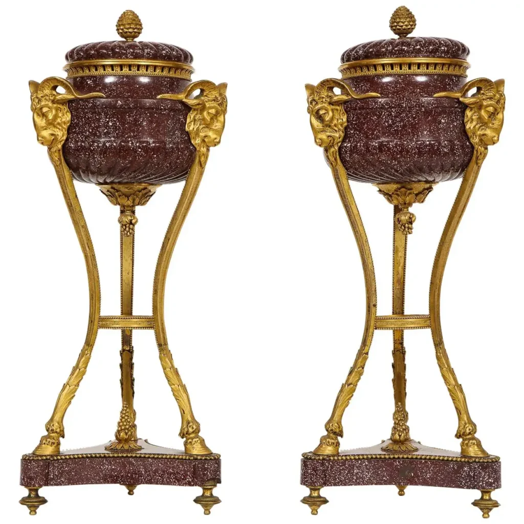Pair of Egyptian Porphyry Ormolu-Mounted Brule Parfumes after Gouthiere
