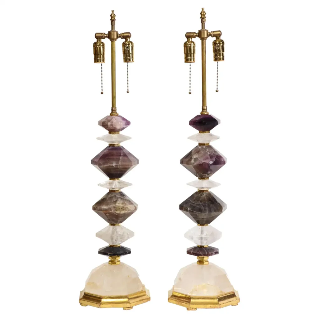 Large Pair 20th C French Diamond-Cut Rock Crystal & Amethyst Crystal Table Lamps