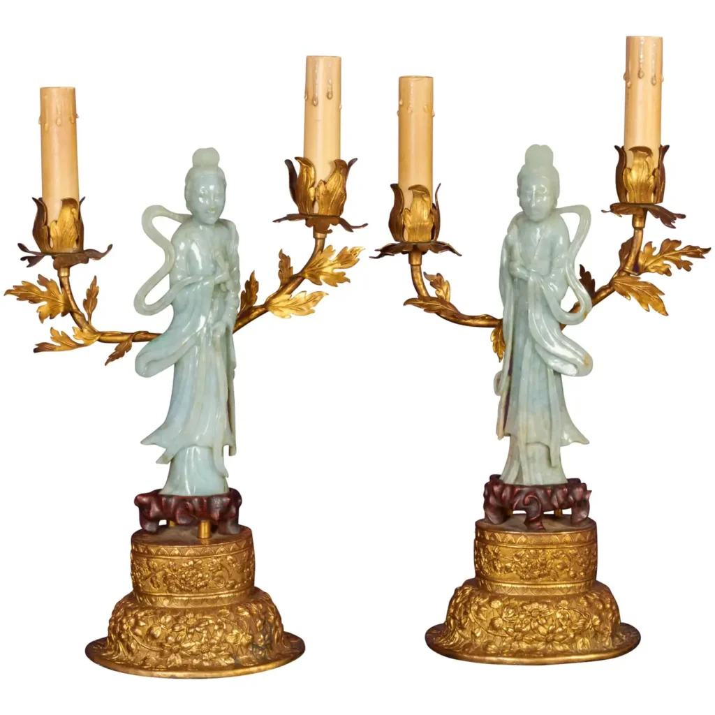 Pair of Chinese Jade Quanyin Figures Mounted as Candelabra Lamps