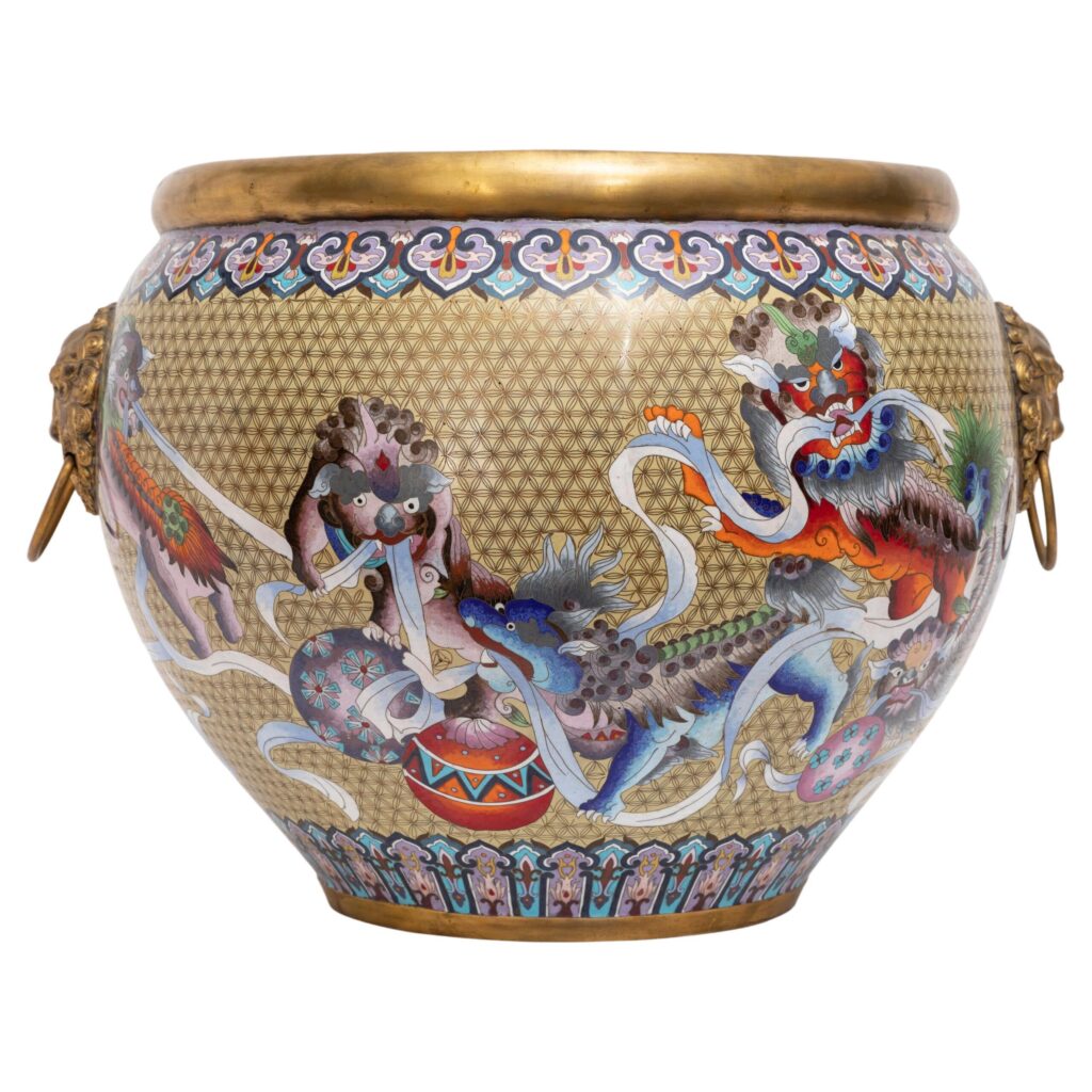 Chinese Bronze Cloisonné Foo Dog Jardinière, Lion Mask Handles: Republic Period