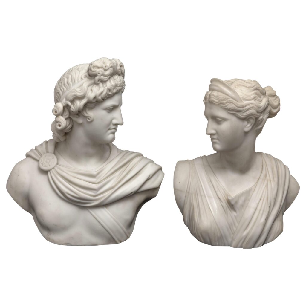 A Pair 19th Century Italian Hand-Carved Carrara Marble Busts of Apollo & Artemis
