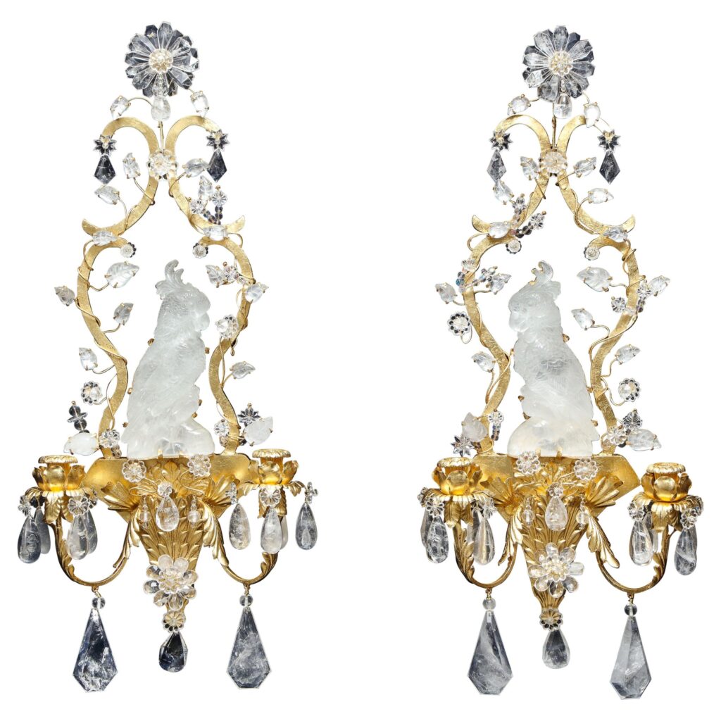 Pair French Mid-Century Modern Bagues Style Rock Crystal Cockatoo-Form Sconces