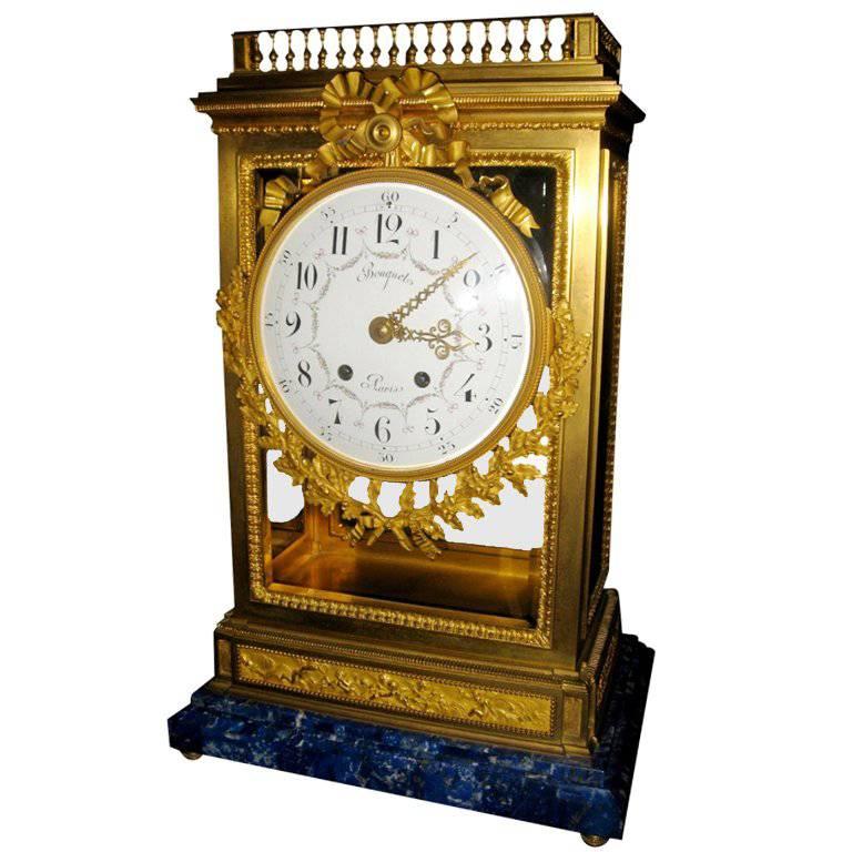 Antique French Louis XVI Doré Bronze Clock with Lapis Lazuli Base