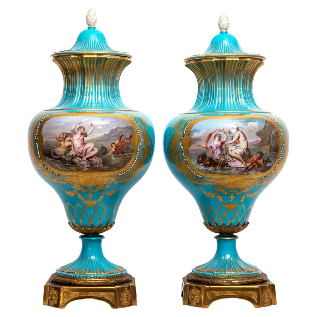 Pair French 19th C. Ormolu & Sevres Porcelain Celeste Blue Jeweled Covered Vases