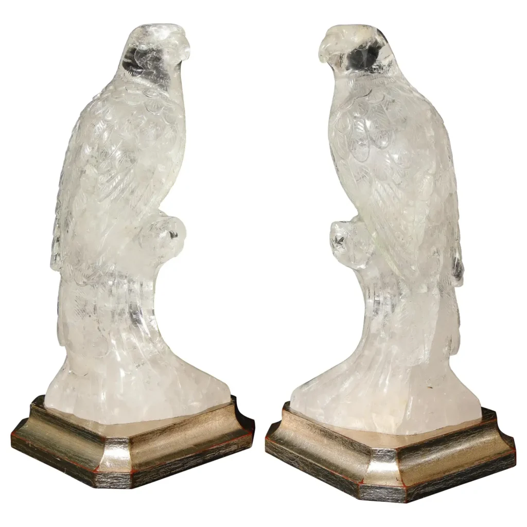 Pair of Hand Carved Clear Rock-Crystal Quartz Parrots on Silver-Gilt Bases