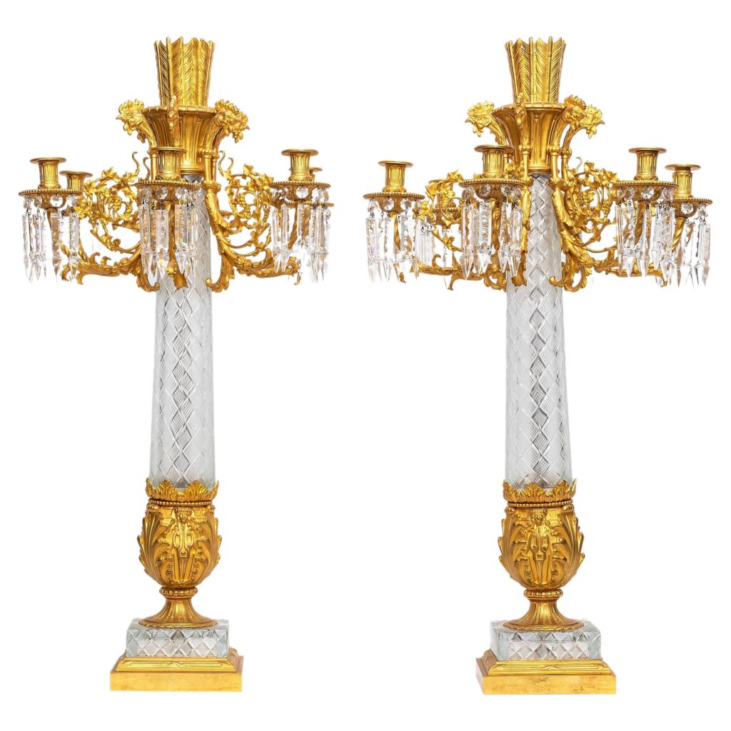 Pair French 19th C. Cut Crystal & Dore Bronze Multi-Arm Candelabra w/ Roosters