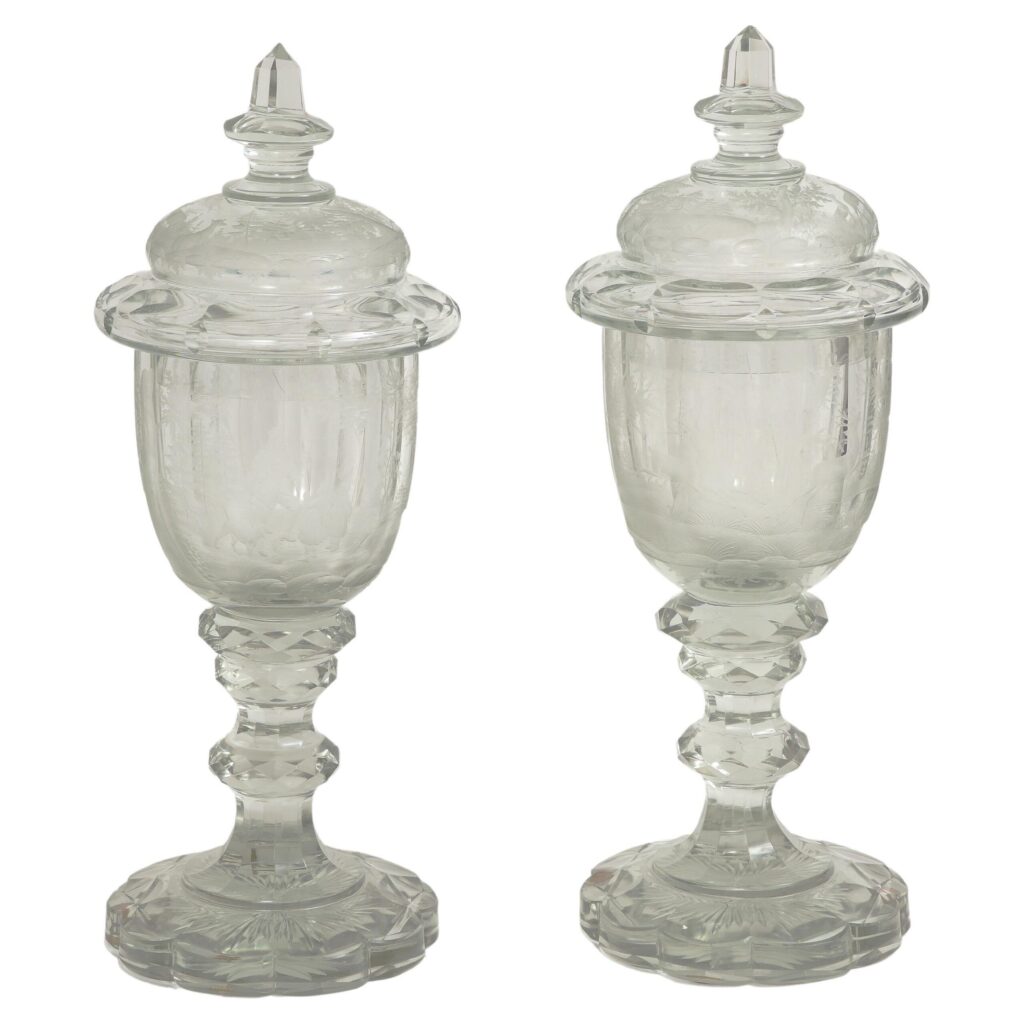 Pair of 19th C. Bohemian Crystal Hand-Engraved and Acid Washed Covered Pokals