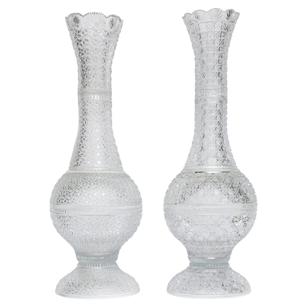 Pair of 19th Century French (attributed) Bacarrat Hand-Diamond Cut-Crystal Vases