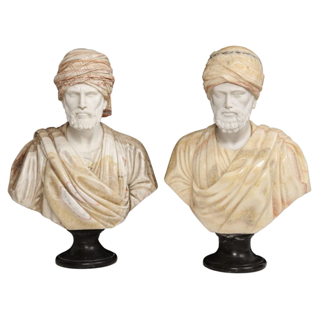 Unusual Pair of Italian Hand-Carved Marble & Onyx Orientalist Busts
