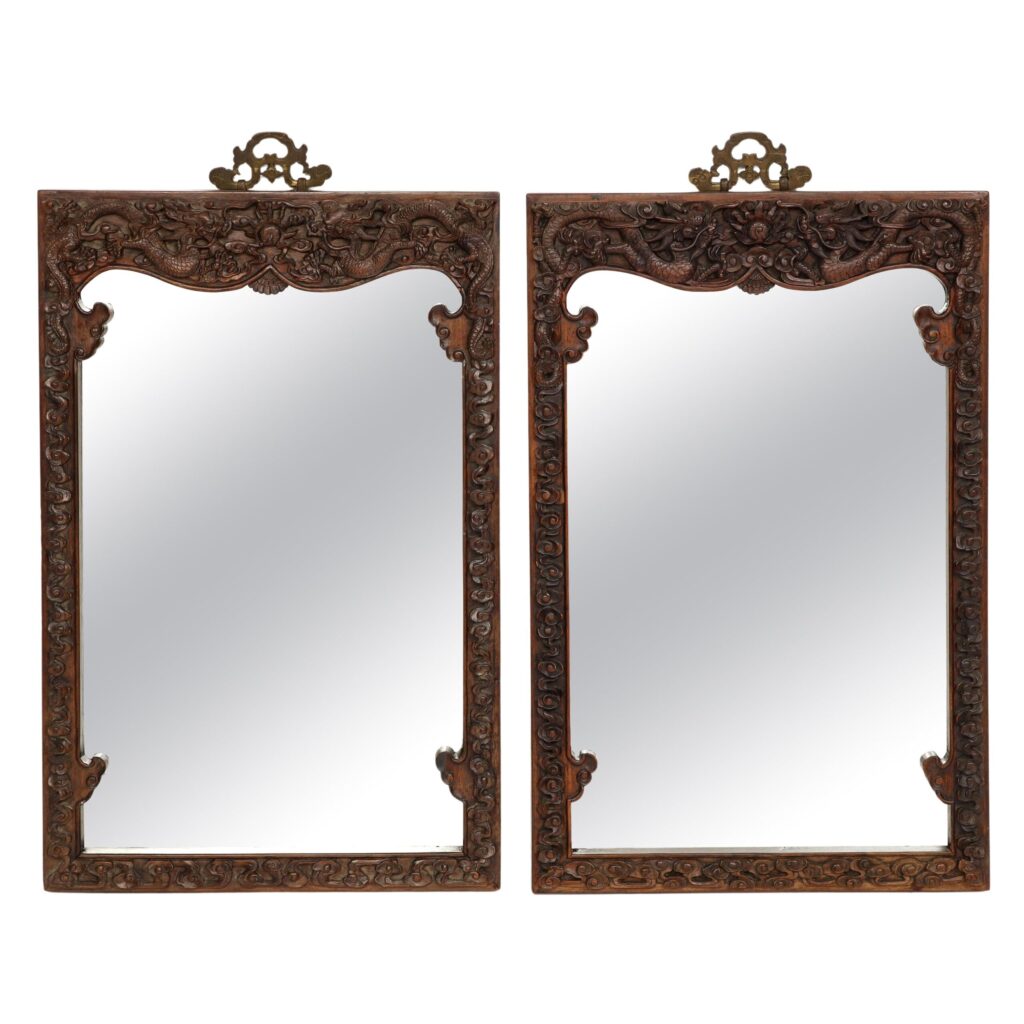 Pair of 19th Century Chinese Hardwood Hand-Carved 5-Claw Dragon Mirrors