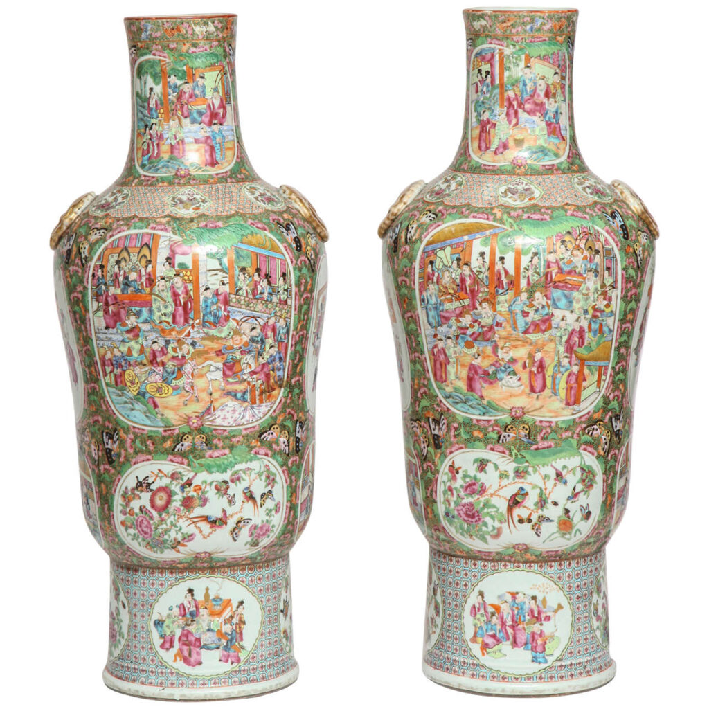 Unusual Pair of Large Chinese Export Canton Famille Rose 1000 Butterfly Vases