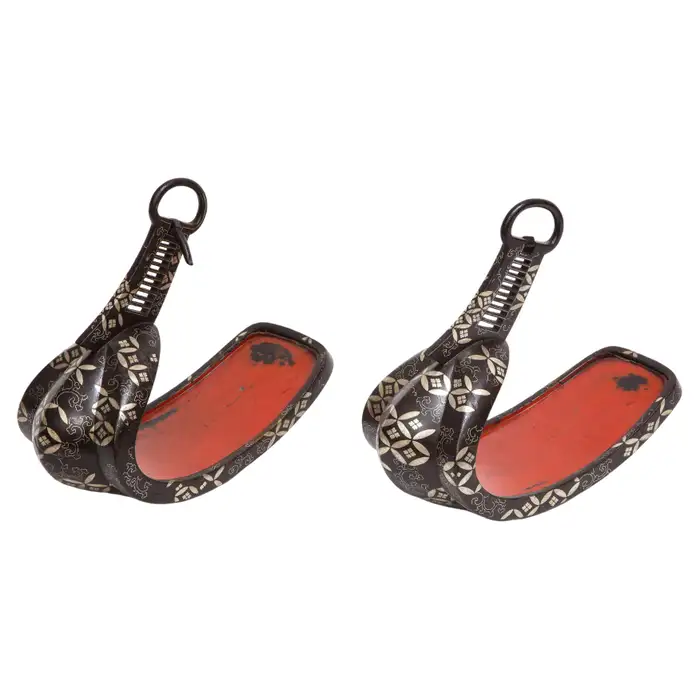 Pair of Japanese Edo Period Iron Silver Inlaid Red Lacquered Stirrups 'Abumi'