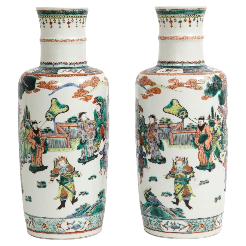 Pair Chinese Porcelain Rouleau Shape Famille Vert Imperial Subject Vases, 1800s