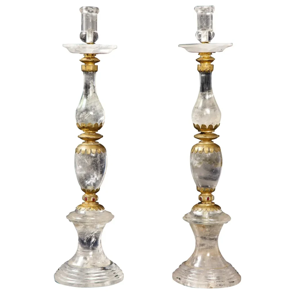 Fine Pair of Jeweled French Art Deco Rock Crystal Candlesticks Att. to Bagues