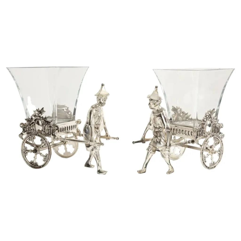 Pair of 20th C French Silvered Bronze and Crystal Centerpieces/Vases/Planters