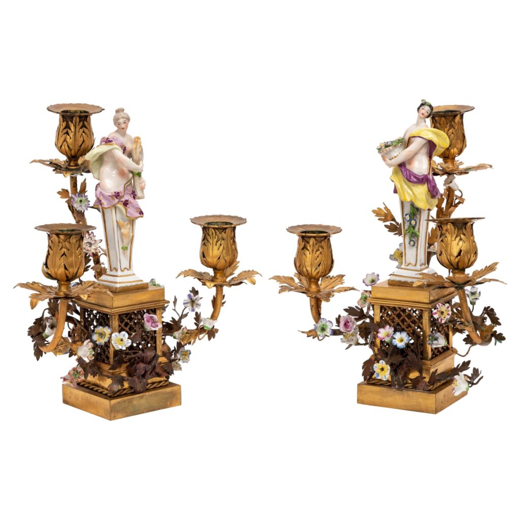 Pair 18th Century Meissen Porcelain & French Doré Three Arm Bronze Candelabras