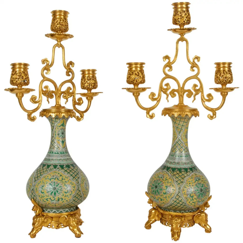 Pair of Porcelain and Doré Bronze Candelabra, Barbedienne, Edouard Lievre