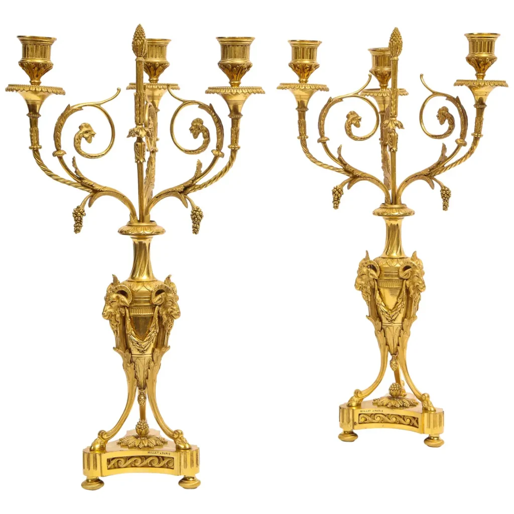 Pair of French Louis XVI Style Dore Bronze Three-Arm Candelabras, Signed Millet