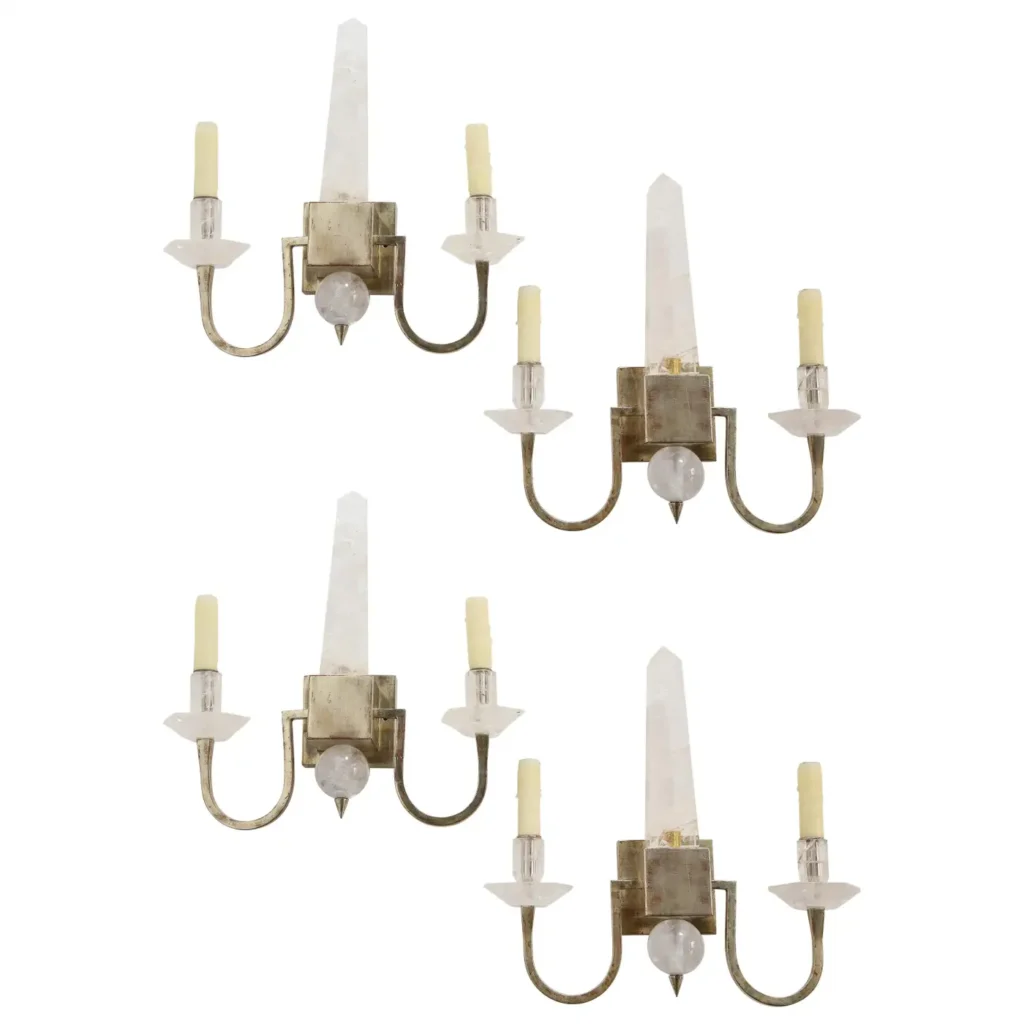 Set Four Modern 2-Light Rock Crystal & Silvered Wall Appliques w/ Center Obelisk