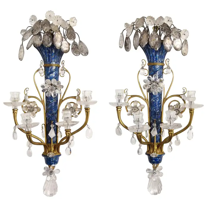 Lapis Lazuli, Rock Crystal and Doré Bronze Four Arm Sconces, E.F. Caldwell, Pair