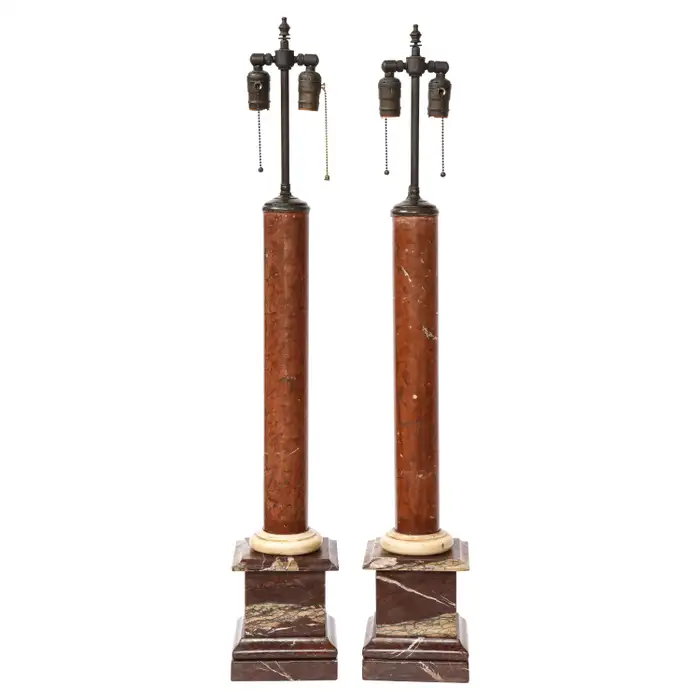 Large Pair of Antique Grand Tour Period Multi-Marble Columns Mounted as Lamps