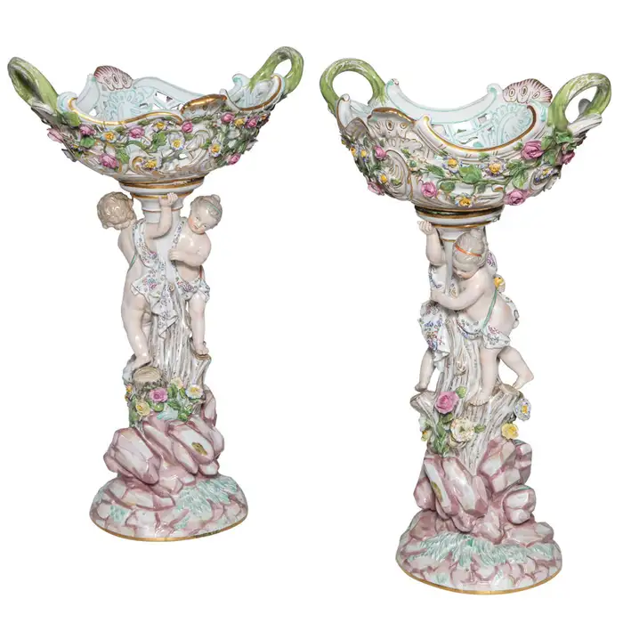 Pair of 19th Century Meissen Porcelain Cupid Centerpieces with Baskets
