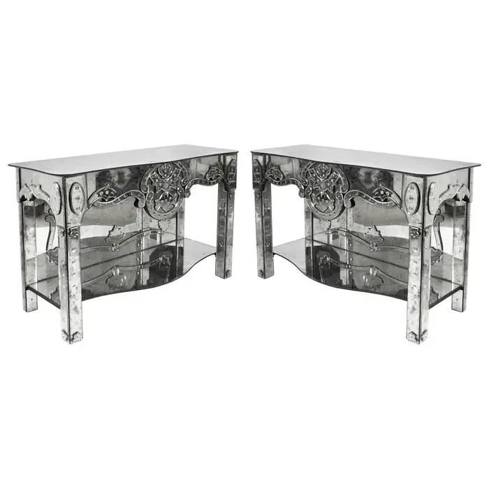Pair of 1940s Antique Venetian Etched Mirror Consoles or Side Tables