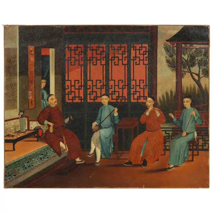 Chinese Export Hand-Painted Oil on Canvas Painting of Interior Scene w/ Emperor