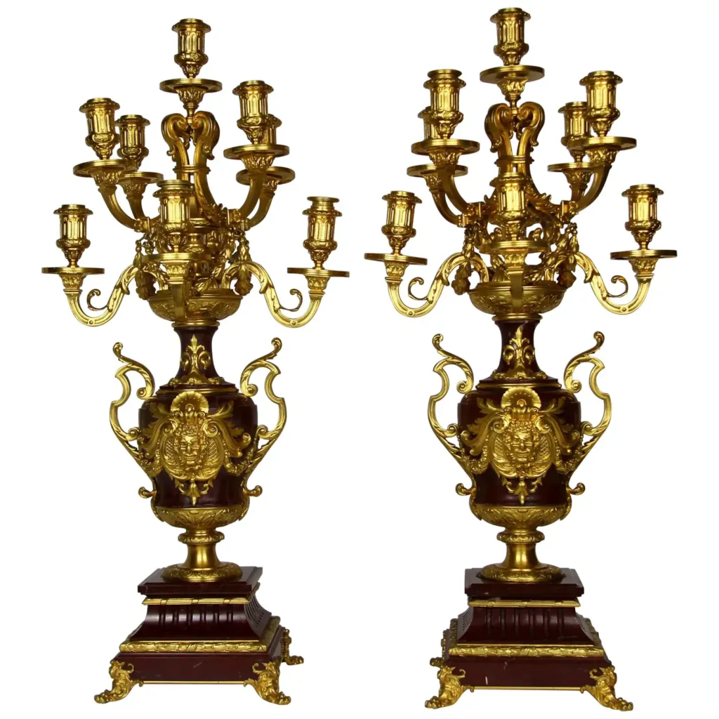 Pair of Doré Bronze Mtd Rouge Marble 9-Arm Candelabras, Signed by Barbedienne