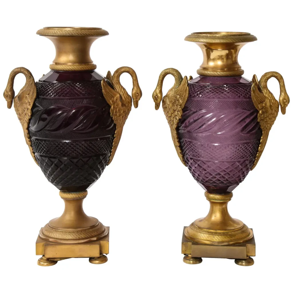 Pr. Russian Dore Bronze Mtd. Hand-Diamond Cut Amethyst Crystal Swan Handle Vases