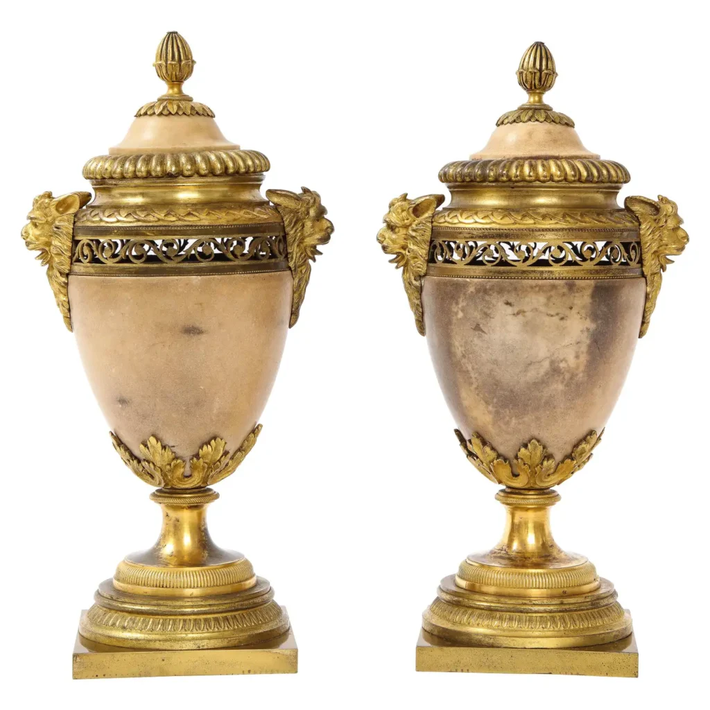 Pair of Louis XVI North European Neoclassical Ormolu and Marble Potpourris