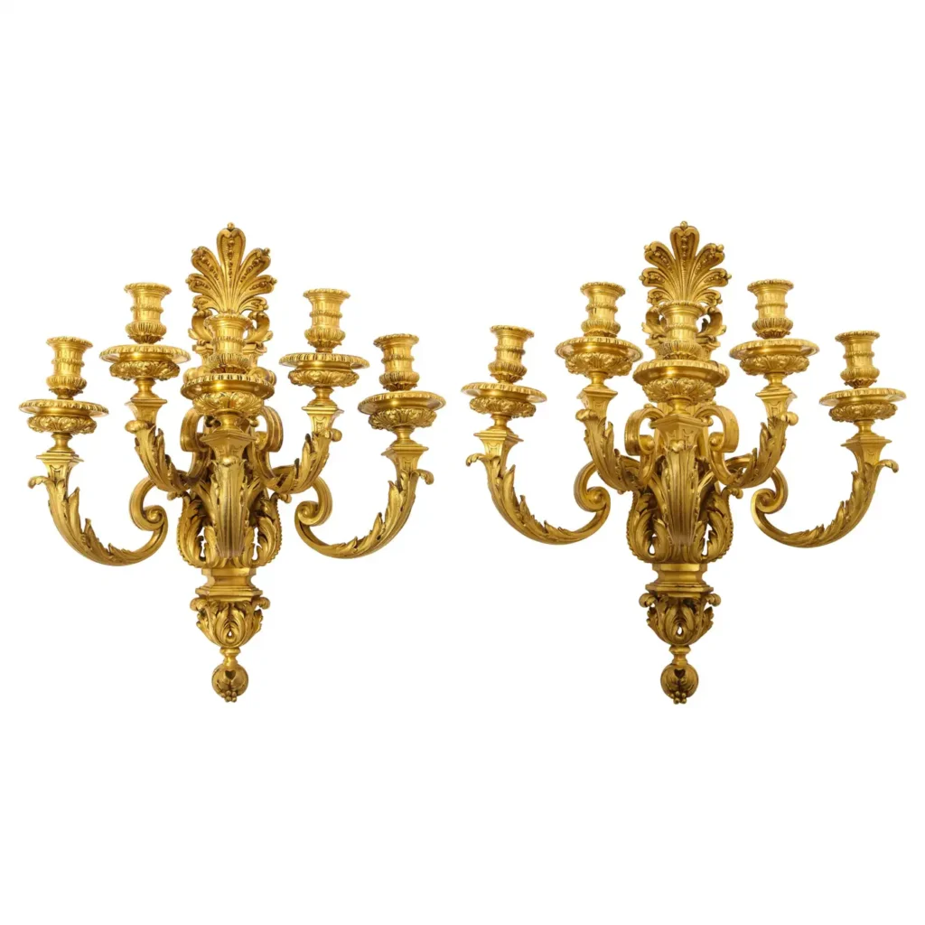 Pair of Monumental French Louis XVI Style Five-Arm Dore Bronze Sconces