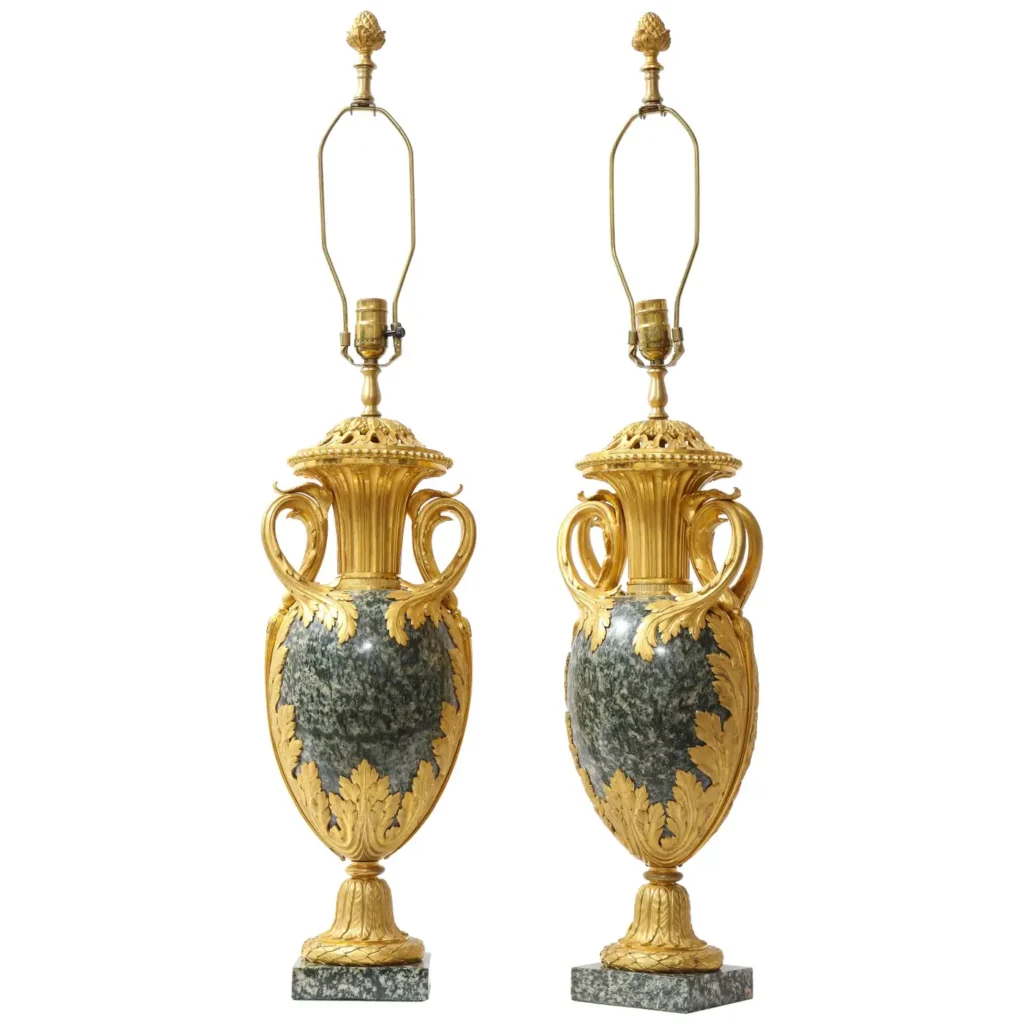 Pr French 19th C. Dore Bronze Mntd Green Marble/Porphyry Lamps, Att. H. Dasson