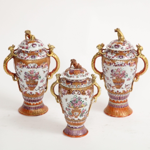 18th C. Chinese Porcelain Famille Rose Mandarin 3-Piece Vase Garniture Set