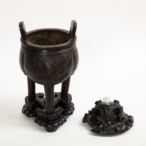 17th Century Chinese Bronze Censer & Cover with Jade Finial Top and Wood Base