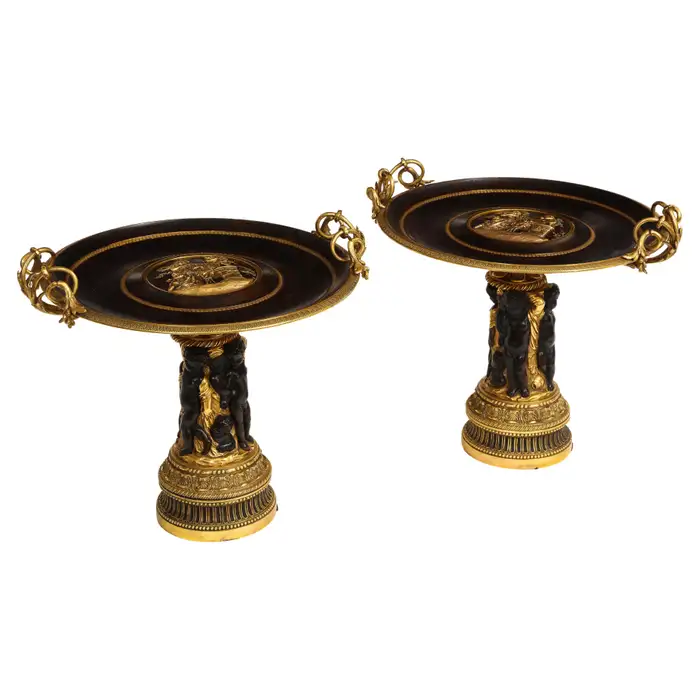 Pair of French 19th Century Dore and Patinated Bronze Handled Tazzas w/ Putti