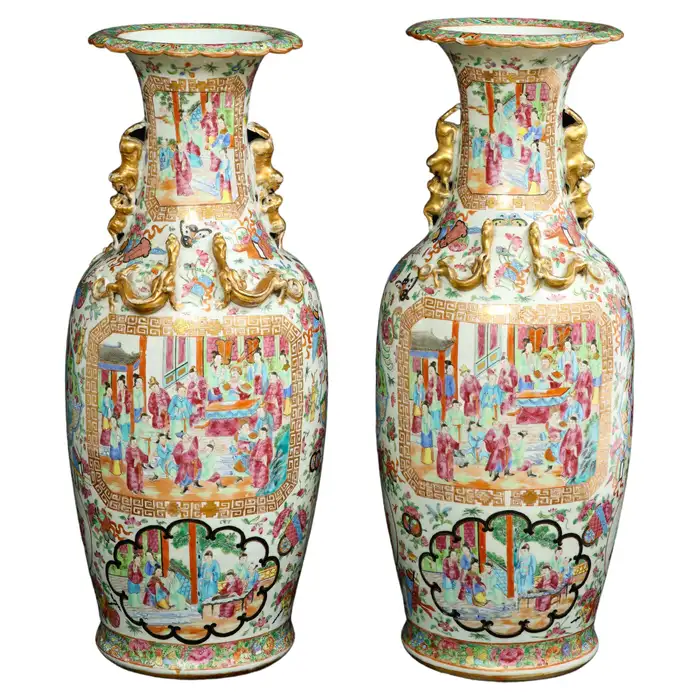 Pr. 19th Century Chinese Rose Medallion Porcelain Vases, w/ Imperial Court Scene