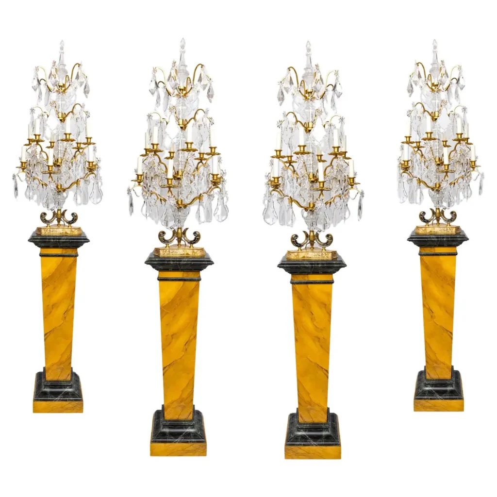 Set of Four Baccarat Crystal Girandoles on Pedestals Atb. to Maison Jansen Paris