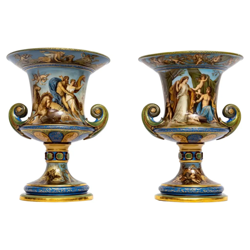 Rare & Important Pair of 19th C. Meissen Porcelain Majolica Style Krater Vases