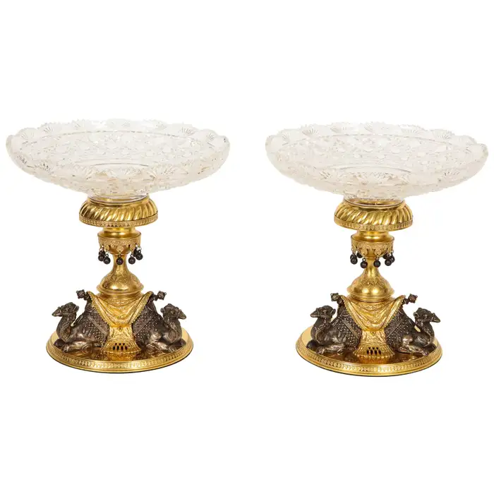 Pair of English Doré & Silvered Bronze Camel Centrepieces for Orientalist Market