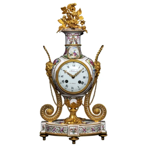 18 C. Louis XVI French Ormolu Mtd. Queen’s Manufacture Porcelain Clock, F. Godon