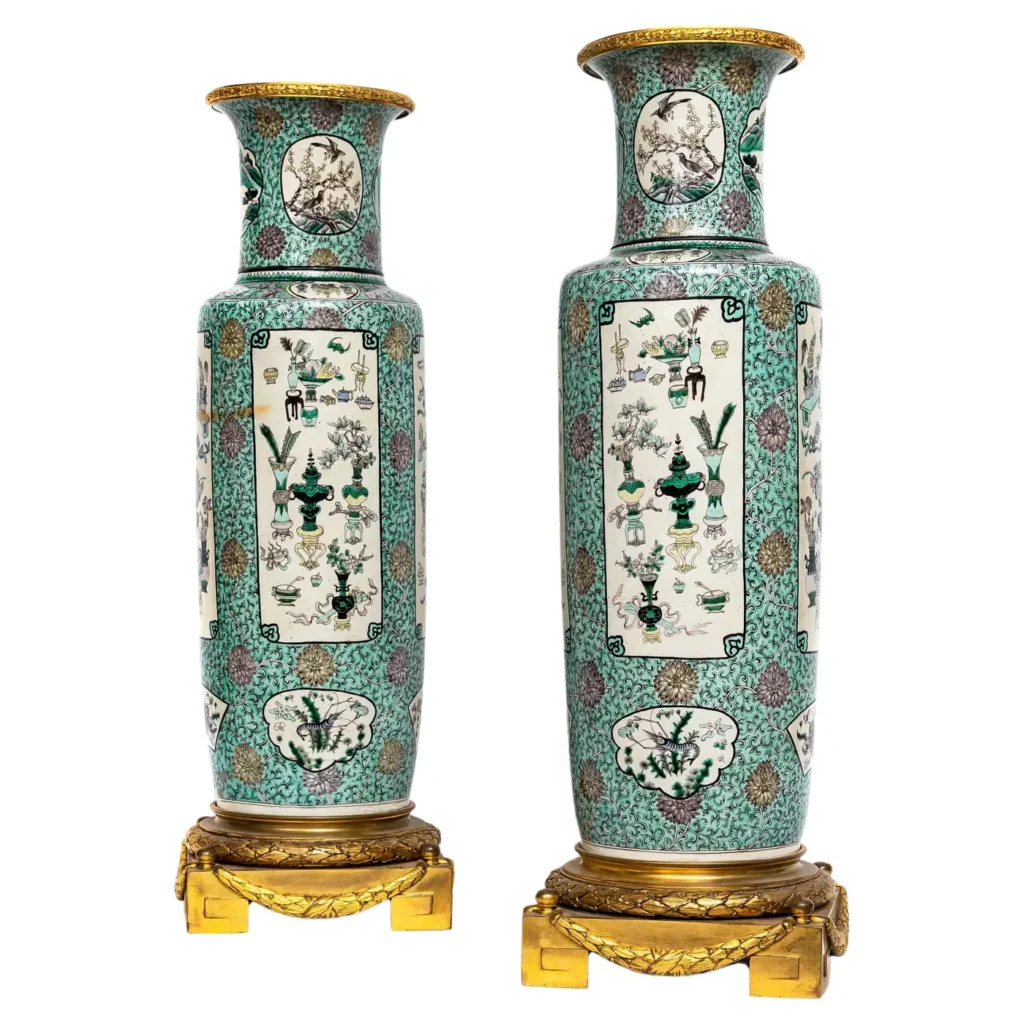 Pr. Chinese Kangxi Famille Vert Porcelain French Ormolu Mounted Solider Vases