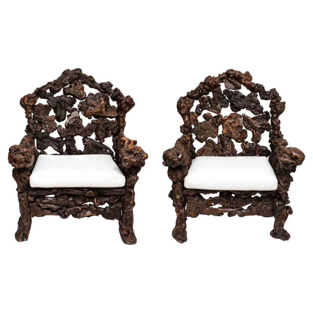 Large Pair of Hand-Carved 19th Century Chinese Rootwood Throne Chairs/Arm Chairs