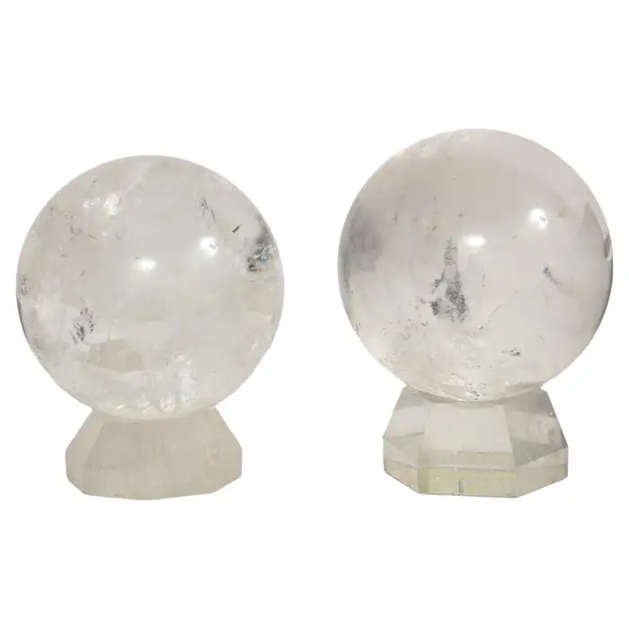 Pair of French Mid-Century Modern Rock Crystal Hand-Craved, Hand-Polished Orbs