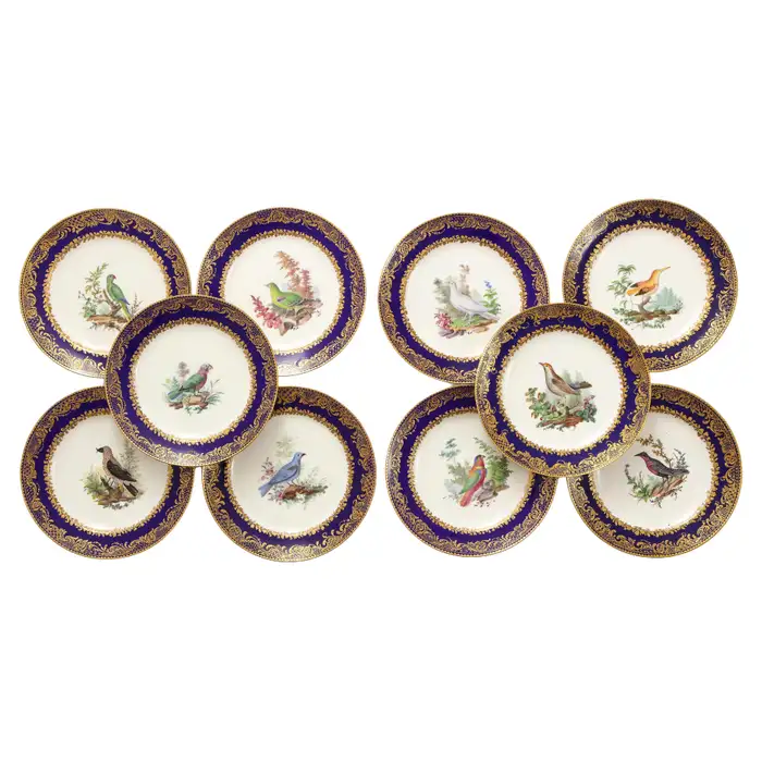 Set 10 18th C. French Sevres Dark Blue Ground, Impasto Gilded Bird Décor Plates