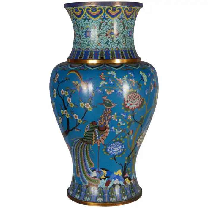 Massive Chinese Cloisonné Vase with Phoenix, Magnolia, Lotus and Chrysanthemums