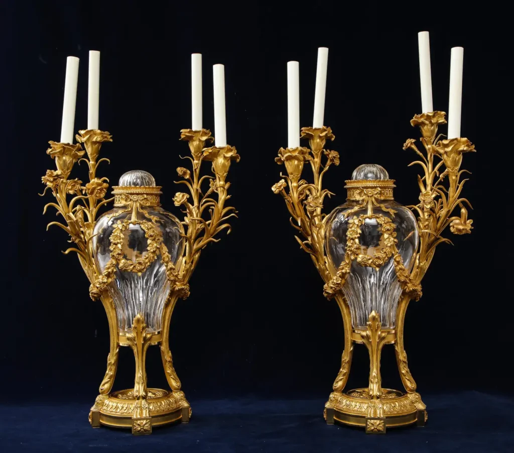 Important Pair French 19 C. Baccarat Crystal Ormolu Mounted 4-Light Candelabra