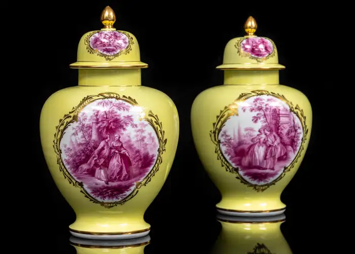 Pair Meissen Porcelain Yellow Ground Puce Covered Vases w/ Watteau Painted scene